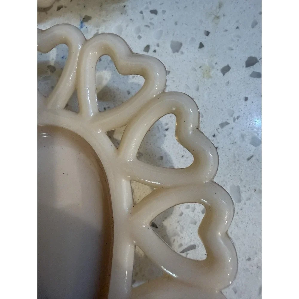 2 Westmoreland Almond Cream Heart Plate Lace Hand Painted Mid Century Milk Glass